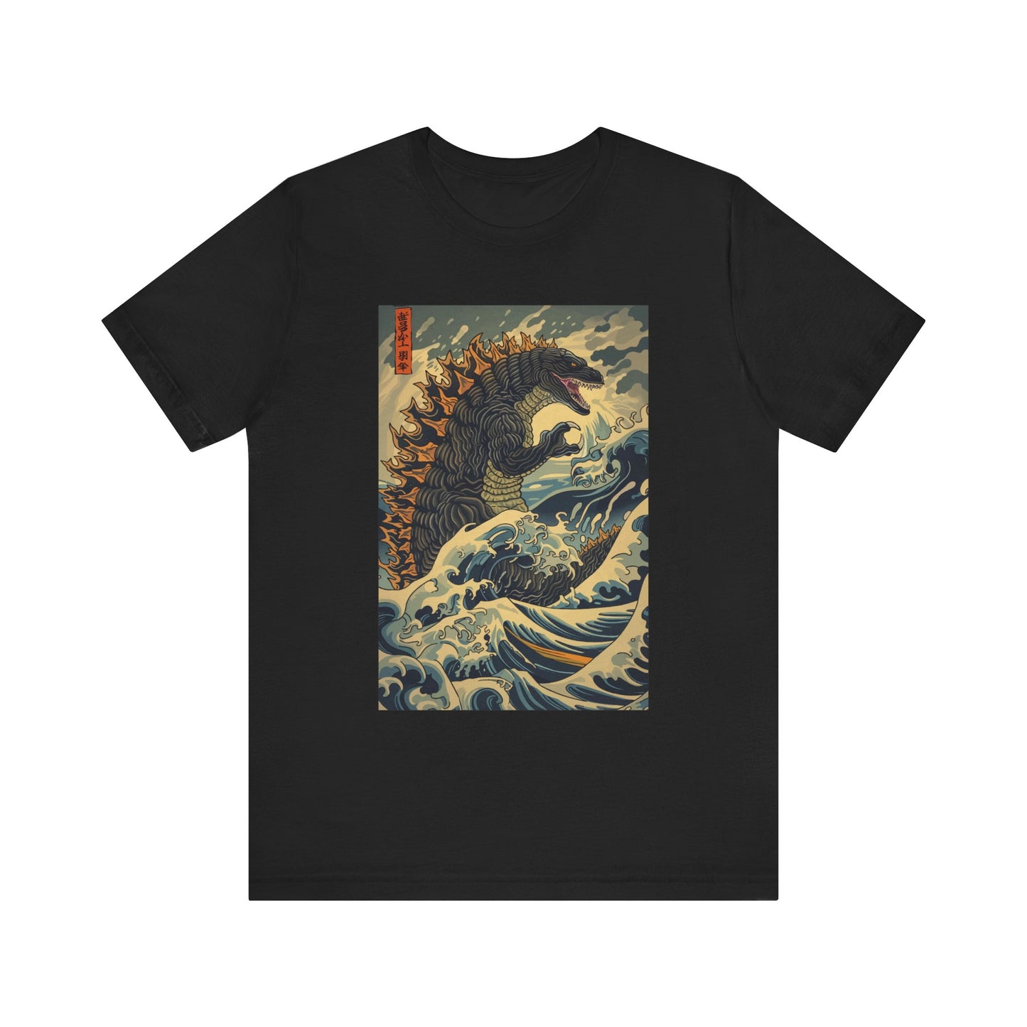 Godzilla shirt featuring the great kaiju himself emerging from the waves and a Japanese Print Style