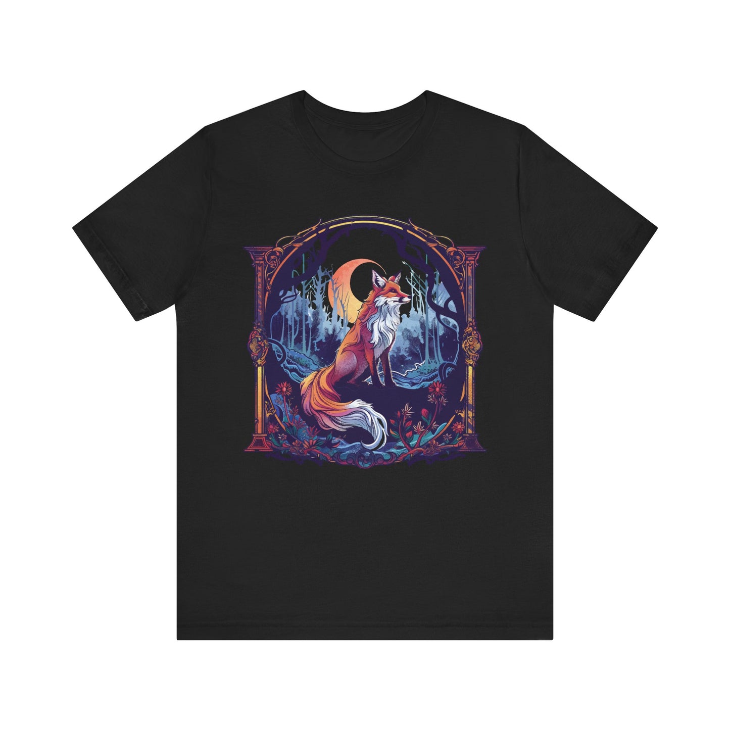 Fantasy Shirt with a whimsical fox in the forest, front view