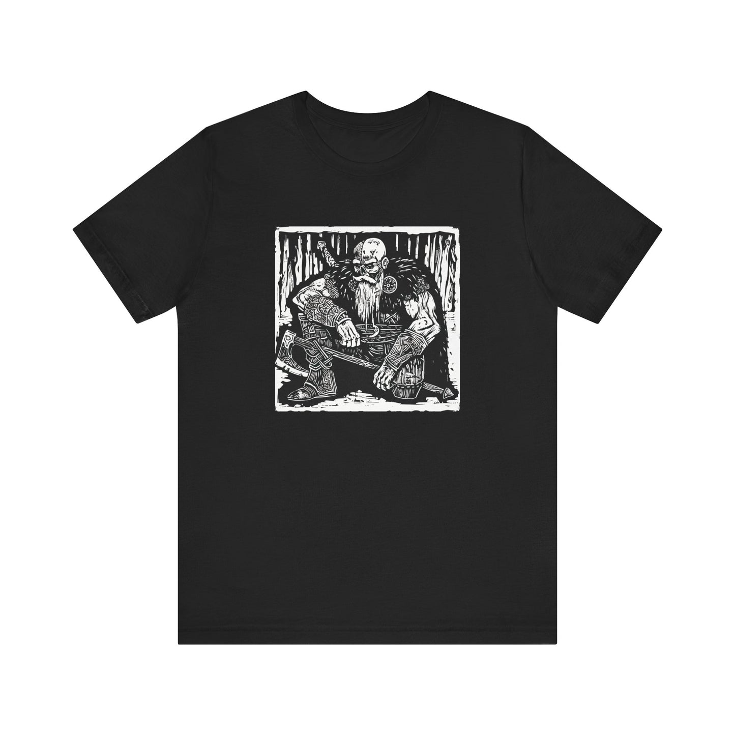 Viking tee shirt with gothic lithograph design, gothic shirt on black front view.