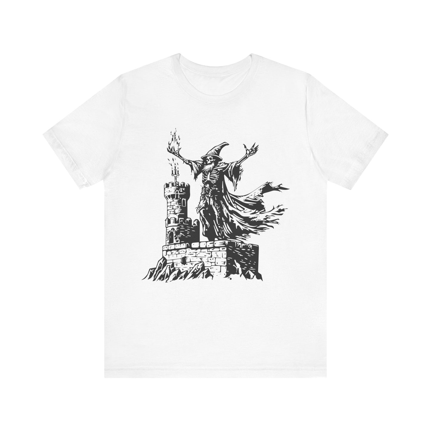 Gothic Shirt featuring a skeletal wizard in a linocut style, front view