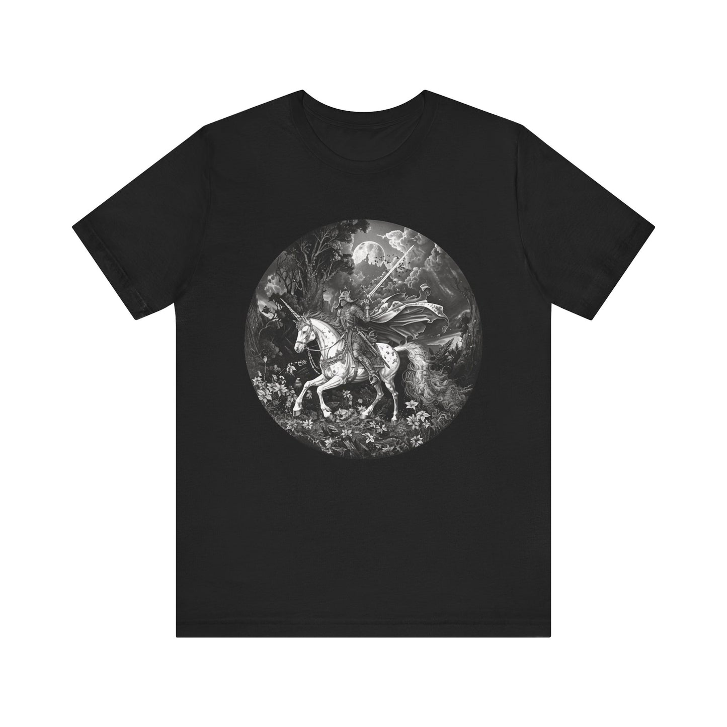 Witchy Shirt with a whimsical scene with a knight riding on a unicorn, front view