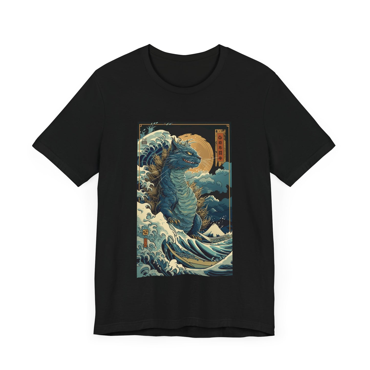 Catzilla in an amazing wave scene, front view black shirt