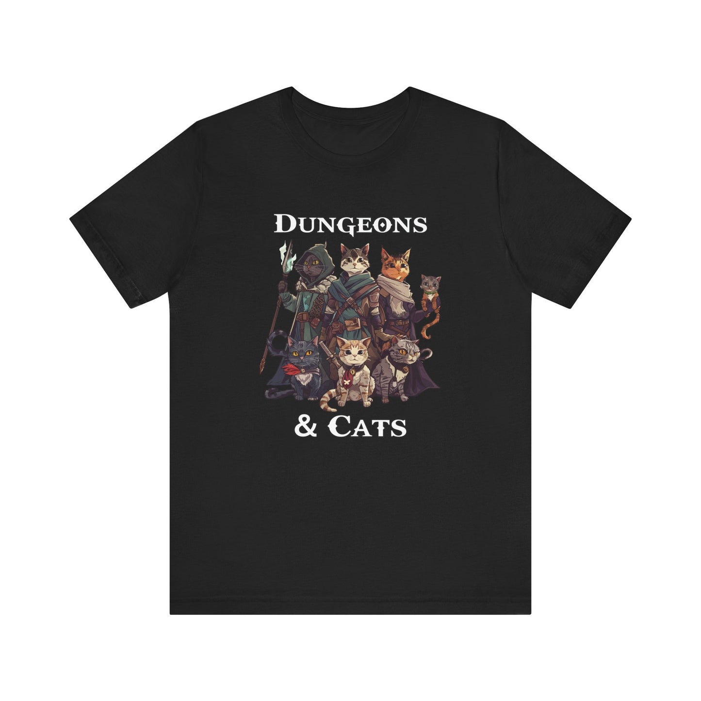 DnD Shirt featuring cats dressed up like various classes from dungeons and dragons