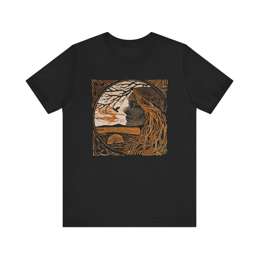 Viking Shirt depicting Freya in a lithograph style print, front view
