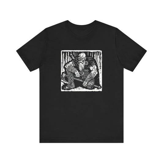 Viking tee shirt with gothic lithograph design, gothic shirt on black front view.