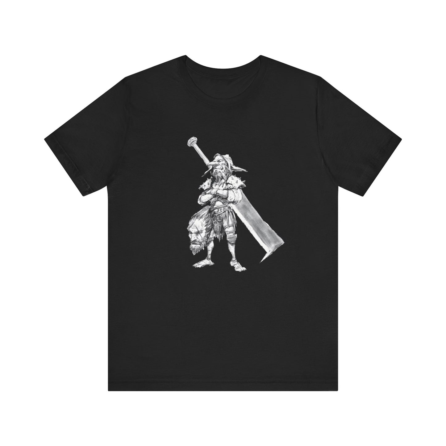DnD shirt featuring a goblin with a giant sword and a decapitated head, front view