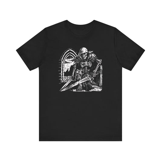 a shirt featuring a skeleton warrior front view. Gothic Shirt, dnd shirt, witchy shirt.