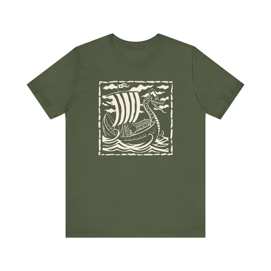 Viking Shirt with a lithograph style of a viking ship setting sail