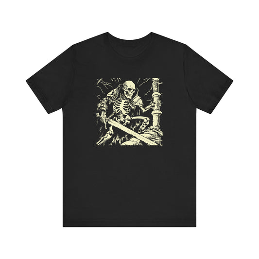 gothic shirt, witchy tee shirt, fantasy shirt showing a skeleton in a lithograph art style, front view