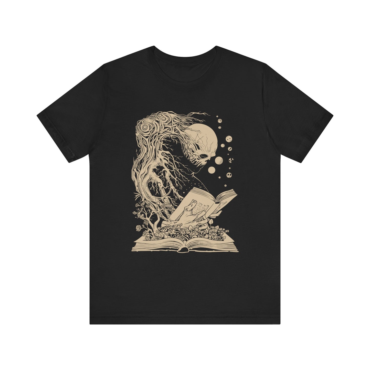 Gothic shirt showing a skeletal reader, front view