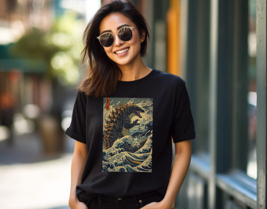 godzilla in he waves shirt, front view