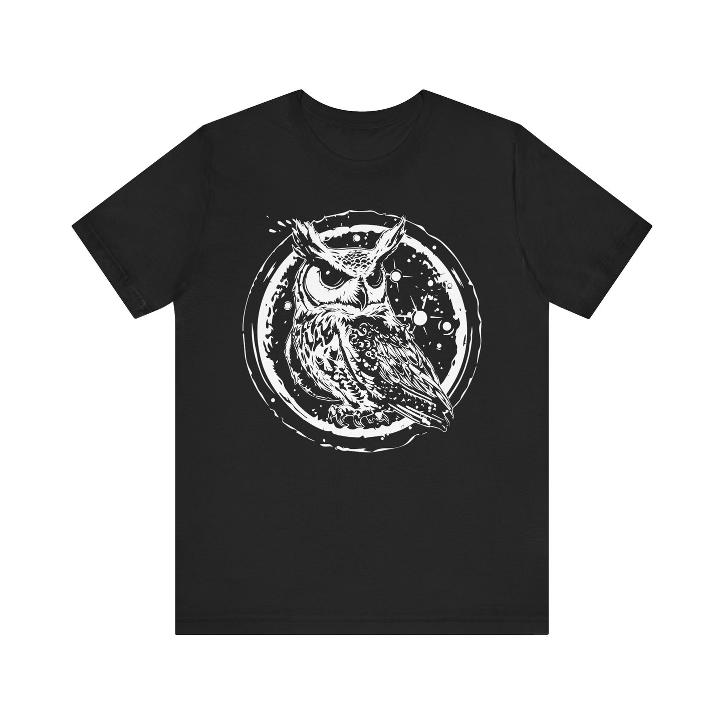 Witchy Shirt showing a celestial owl linocut style, front view