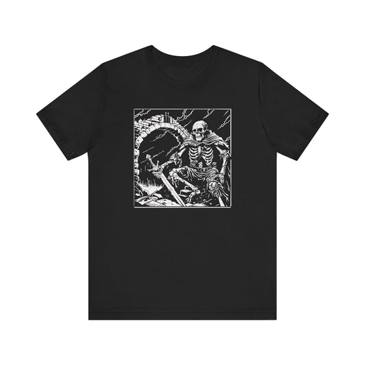 gothic shirt, witchy shirt featuring a skeletal warrior posing, front view