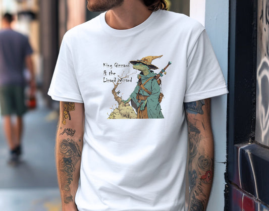 king gizzard lizard wizard white tee shirt worn by man, front view