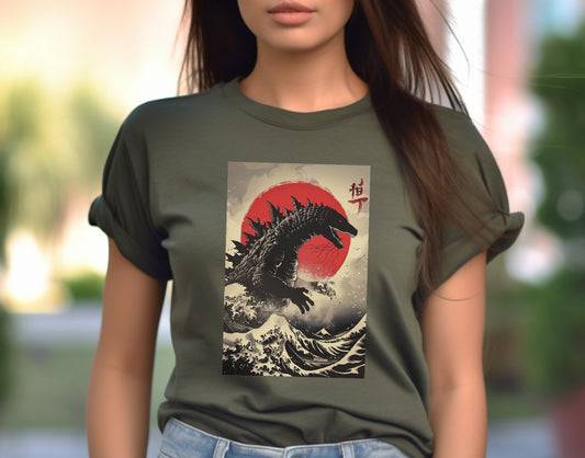 godzilla shirt front view woman wearing olive olored shirt